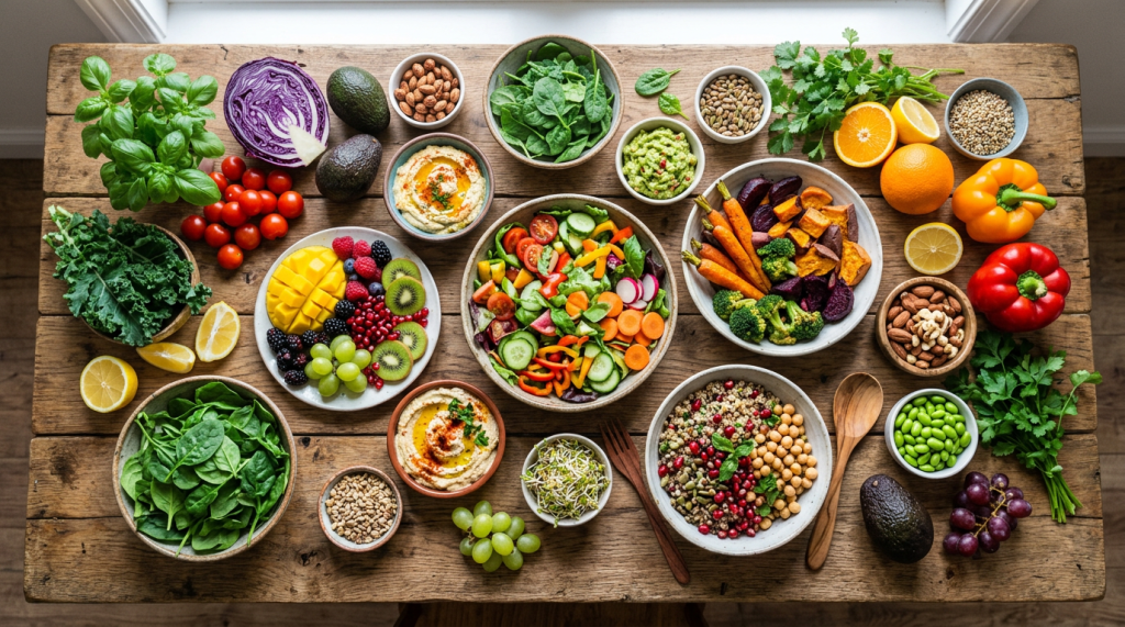 Variety of fresh fruits, vegetables, nuts, and salads on a wooden table