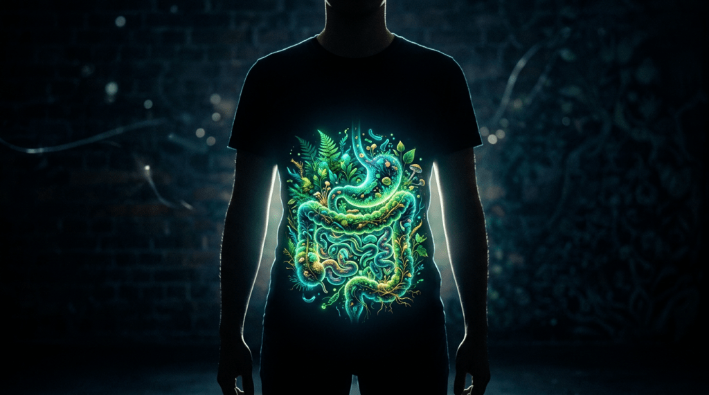 Black shirt with a vibrant glowing illustration of the human digestive tract and microbiome